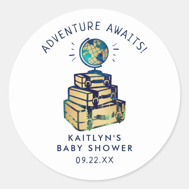 Moderne Adventure Travel Globe Baby Dusche Runder Aufkleber (Vorderseite)