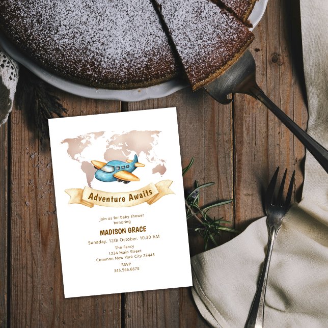 Moderne Adventure World Map Airplane Babydusche Einladung (Modern Adventure World Map Airplane Baby Shower Invitation)