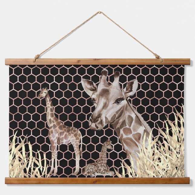 Moderne afrikanische Giraffen Wasserfarbe Wandteppich Mit Holzrahmen (Vorne)