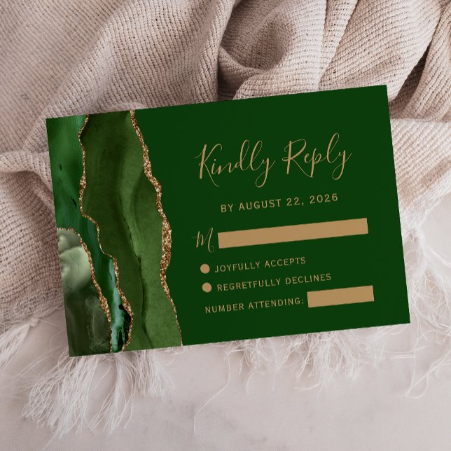 Moderne Agate Hunter Green Gold Wedding RSVP Card Karte (Von Creator hochgeladen)