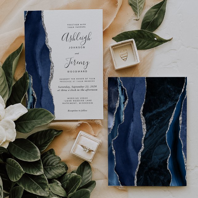Moderne Agate Navy Blue Silver Wedding Einladung (Von Creator hochgeladen)