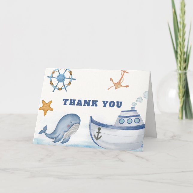 Moderne Ahoy Boy Whale Sailboat Babydusche Dankeskarte (Vorderseite)