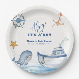 Moderne Ahoy Boy Whale Sailboat Babydusche Pappteller
