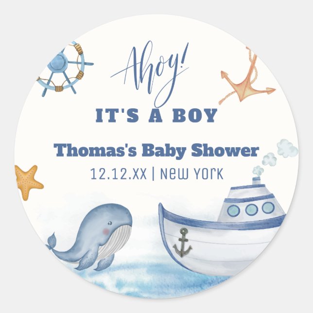 Moderne Ahoy Boy Whale Sailboat Babydusche Runder Aufkleber (Vorderseite)