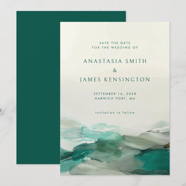 Moderne Alcohol Ink Green Abstrakt Wedding Save The Date (Vorne/Hinten)