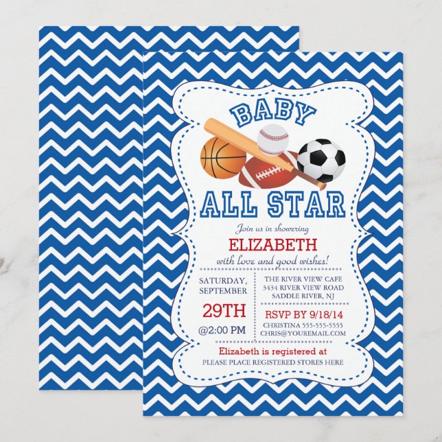 Moderne All Star Sports Boys Kinderdusche Einladung (Vorne/Hinten)