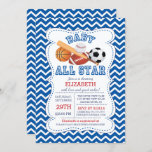 Moderne All Star Sports Boys Kinderdusche Einladung<br><div class="desc">Moderne und helle Baby-Dusche mit niedlichem Baseball, Fußball, Fußball, Baseballball und Baseballschläger. Unser "It's a baby boy all star welcome is Set on a blue & white Zickzack zigzag background und hat einen passenden Rücken für eine besondere Touch. Ideal für eine kleine Babydusche, die sich mit dem Thema "All-Star-Slugger-Sport" beschäftigt...</div>