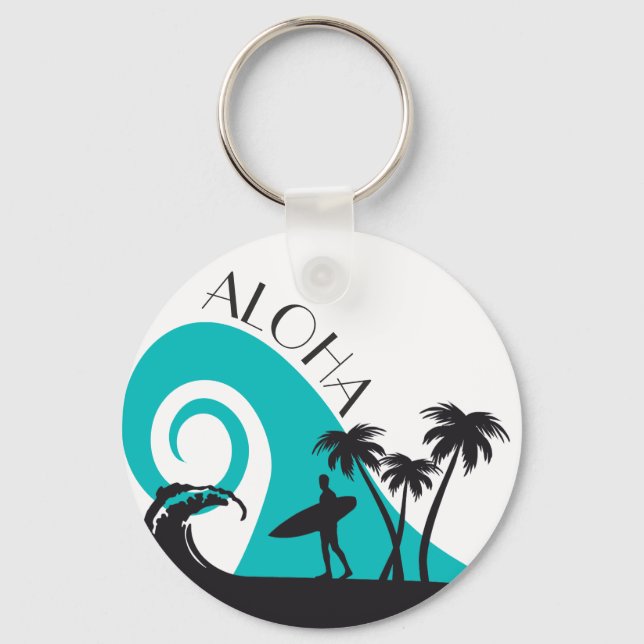 Moderne Aloha Surf und Palmen Schlüsselanhänger (Vorderseite)