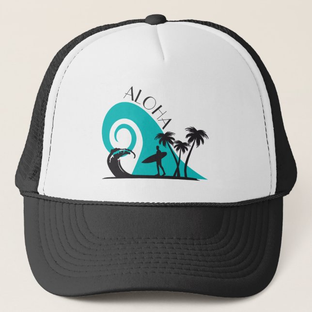Moderne Aloha Surf und Palmen Truckerkappe (Vorderseite)