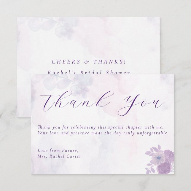 Moderne Amethyst-Wasserfarbe-Script-Brautparty Dankeskarte (Vorne/Hinten)