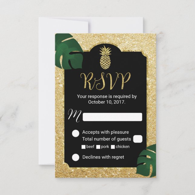 Moderne Ananas Gold Tropical Wedding RSVP Karte (Vorderseite)