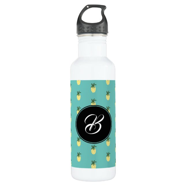 Moderne Ananas-Illustration Circular Monogram Edelstahlflasche (Vorderseite)