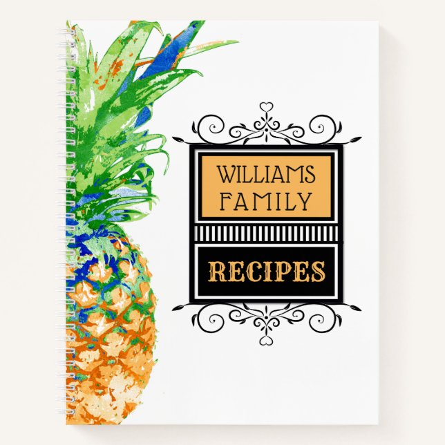 Moderne Ananas Tropical Family Monogram Recipe Notizbuch (Vorderseite)