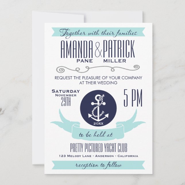 Moderne Anchor Blue Nautical Wedding Einladungen (Vorderseite)