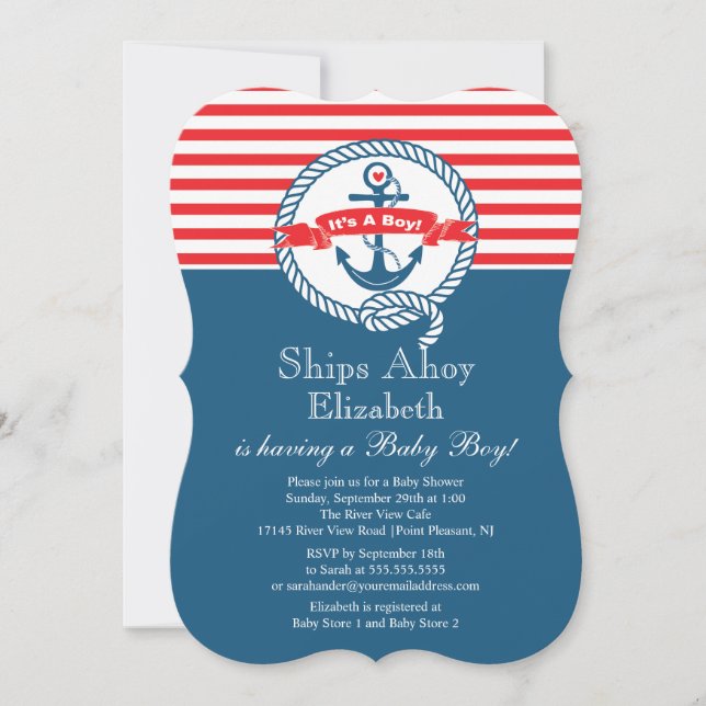 Moderne Anchor Nautical Sailboat Boy Babydusche Einladung (Vorderseite)