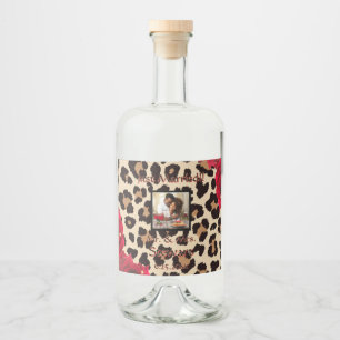 Moderne Animal Print Rote Rose "Just Married" Alkoholflaschenetikett