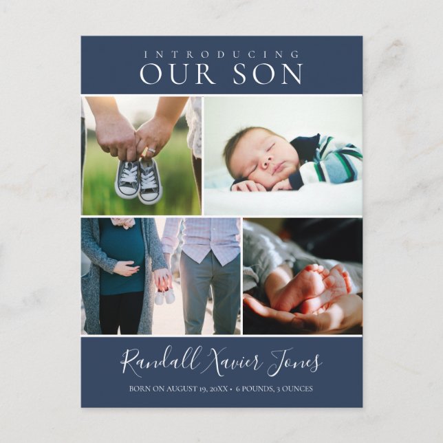 Moderne Ankündigung von Foto Collage Baby Boy Postkarte (Vorderseite)
