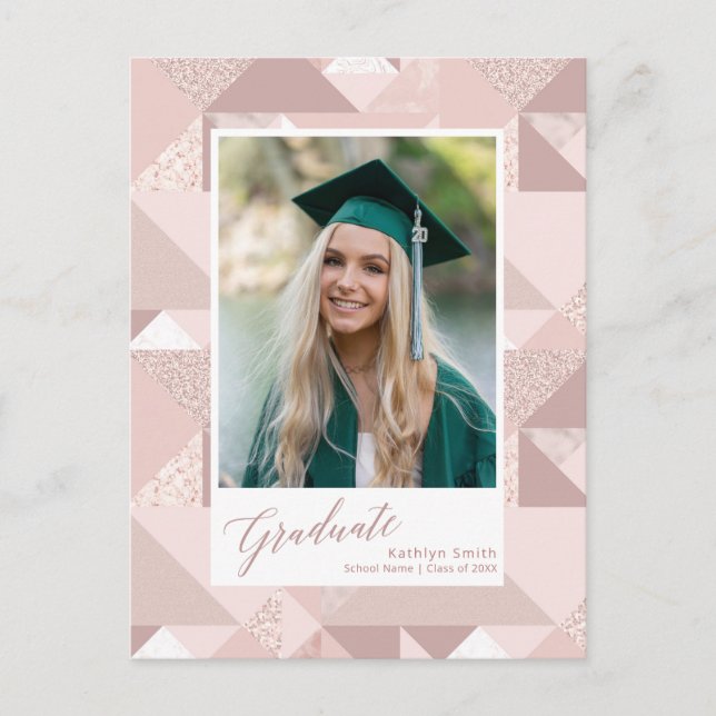 Moderne Ankündigung von Pink Glitzer Foto Abschlus Postkarte (Vorderseite)