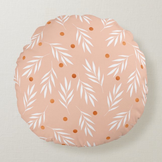 Moderne Apricot-Rosa Blätter Muster Rundes Kissen (Vorderseite)