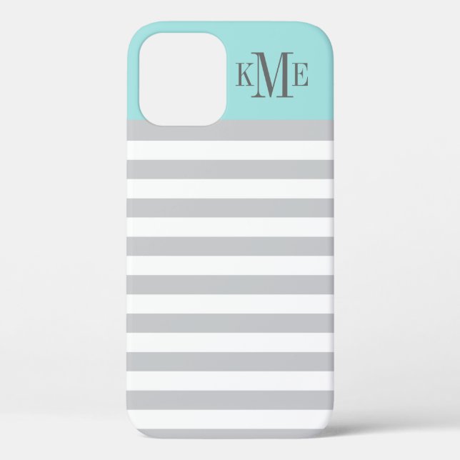 Moderne Aqua Blue Gray Streifen Custom Monogram Case-Mate iPhone Hülle (Rückseite)