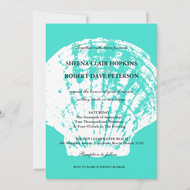 Moderne Aqua Blue Seashell Hochzeitsfeiern Einladung (Vorderseite)