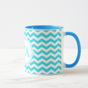 moderne Aqua-Blue-Zickzack Stripes-Monogramm-Initi Tasse
