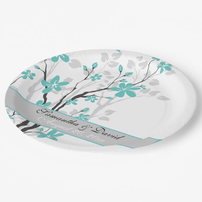 Moderne Aqua-Blumen auf Zweithochzeit Pappteller (Schrägansicht)