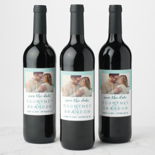 Moderne Aqua-Foto-Monogramm-Hochzeitseinladung zum Weinetikett