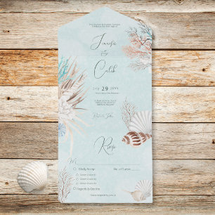 Moderne Aqua-Ozean-Muscheln-Dinner-Hochzeit All In One Einladung
