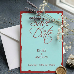 Moderne Aqua Türkis- und Tiefrote Hochzeit Save The Date