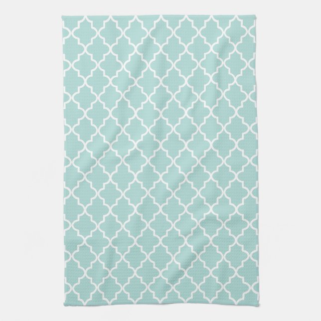 Moderne Aqua und weißes marokkanisches Quatrefolie Geschirrtuch (Vertikal)