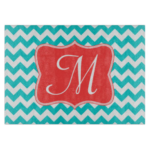 Moderne Aqua-Zickzack Monogram-Glasschneidplatte Schneidebrett