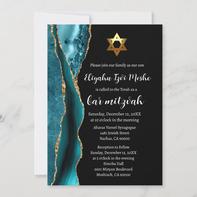Moderne Aquamarin Blue Black and Gold Bar Mitzvah Einladung (Vorderseite)