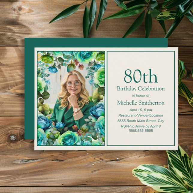 Moderne Aquamarin Blue Green Blume 80. Geburtstag  Einladung (Blue and green watercolor floral photo birthday party invitation)