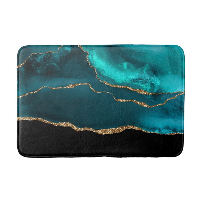 Moderne Aquamarine Agate & Gold Ribbon auf Black Badematte (Vorderseite)