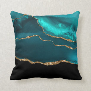 Moderne Aquamarine Agate & Gold Ribbon auf Black Kissen