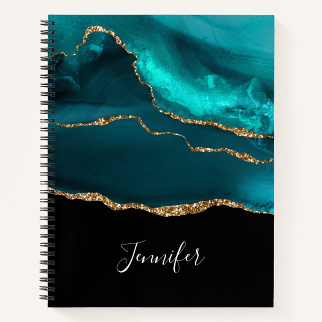 Moderne Aquamarine Agate & Gold Ribbon auf Black Notizbuch (Vorderseite)