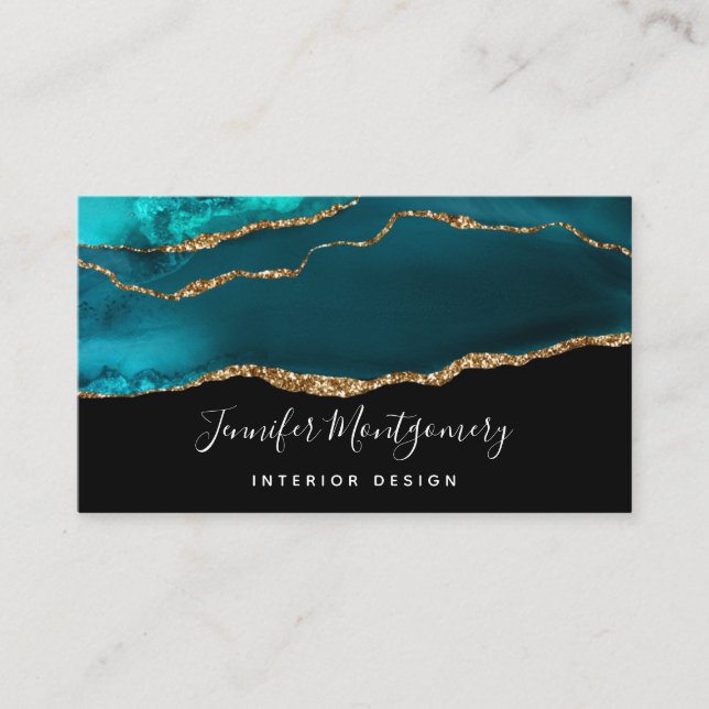 Moderne Aquamarine Agate & Gold Ribbon auf Black Visitenkarte (Vorderseite)