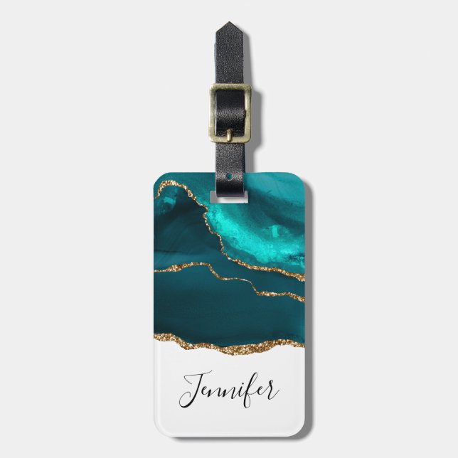 Moderne Aquamarine Agate & Gold Ribbon auf Weiß Gepäckanhänger (Vorderseite vertikal)