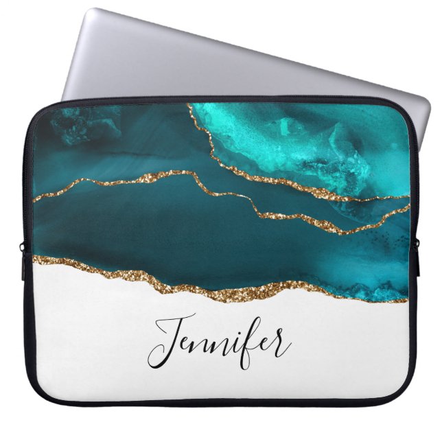 Moderne Aquamarine Agate & Gold Ribbon auf Weiß Laptopschutzhülle (Vorderseite)