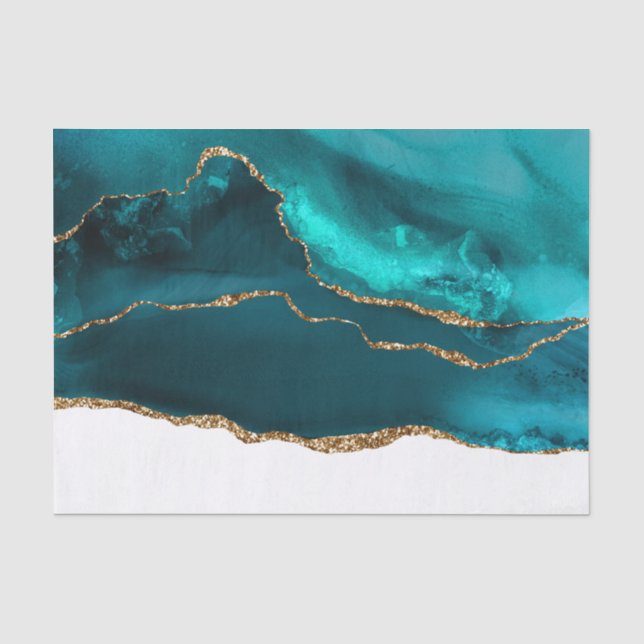 Moderne Aquamarine Agate & Gold Ribbon auf Weiß Seidenpapier (Vorderseite)