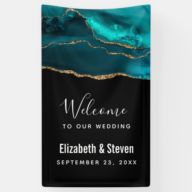 Moderne Aquamarine Agate & Gold Ribbon Wedding Banner (Vertikal)