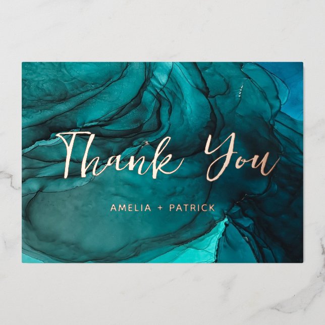 Moderne Aquamarine Aquarellhochzeit danke Folieneinladung (Vorderseite)