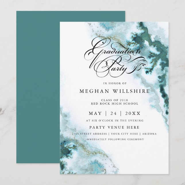 Moderne Aquamarine Aquarellmesse Agate Graduation  Einladung (Vorne/Hinten)