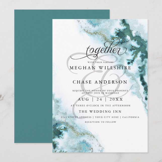 Moderne Aquamarine Aquarellmoos Agate BarefootBrid Einladung (Vorne/Hinten)