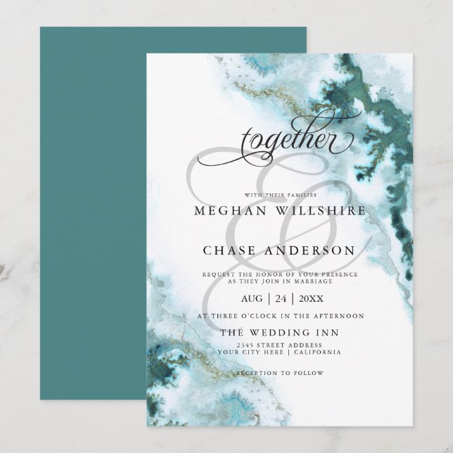 Moderne Aquamarine Aquarellmoos Agate BarefootBrid Einladung (Vorne/Hinten)