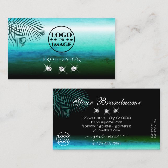 Moderne Aquamarine Aquarellpalme-Blätter Jewels Lo Visitenkarte (Vorne/Hinten)