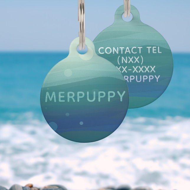 Moderne Aquamarine Aquarellwellen Meeresgrüner Hun Haustiermarke (Add your pup's name and contact number to this teal blue green watercolor waves pet id tag)