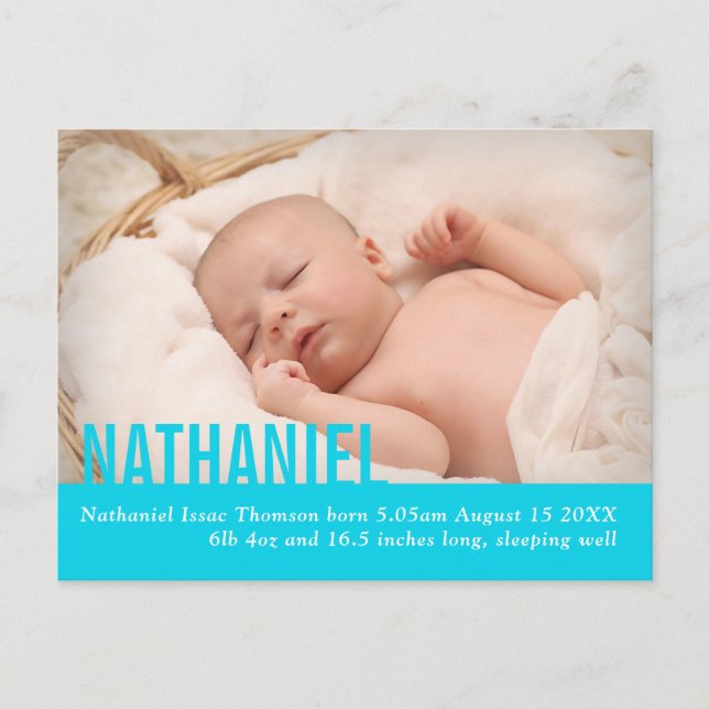 Moderne aquamarine Baby-Foto-Ankündigung Postkarte (Vorderseite)