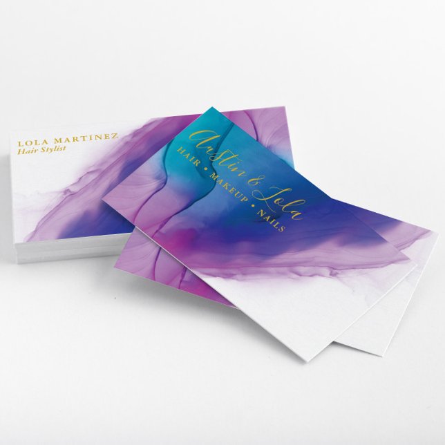 Moderne Aquamarine Blaue Lila Abstrakte Kunst Visitenkarte (Stacked Modern Teal Blue & Purple Professional Business Cards—Front & Back)